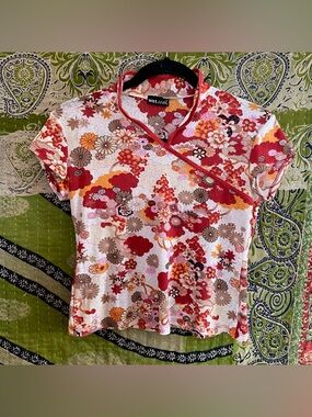 Vintage Y2K Wet Seal Floral Cheongsam Print Mesh Short Sleeve Top Size Large